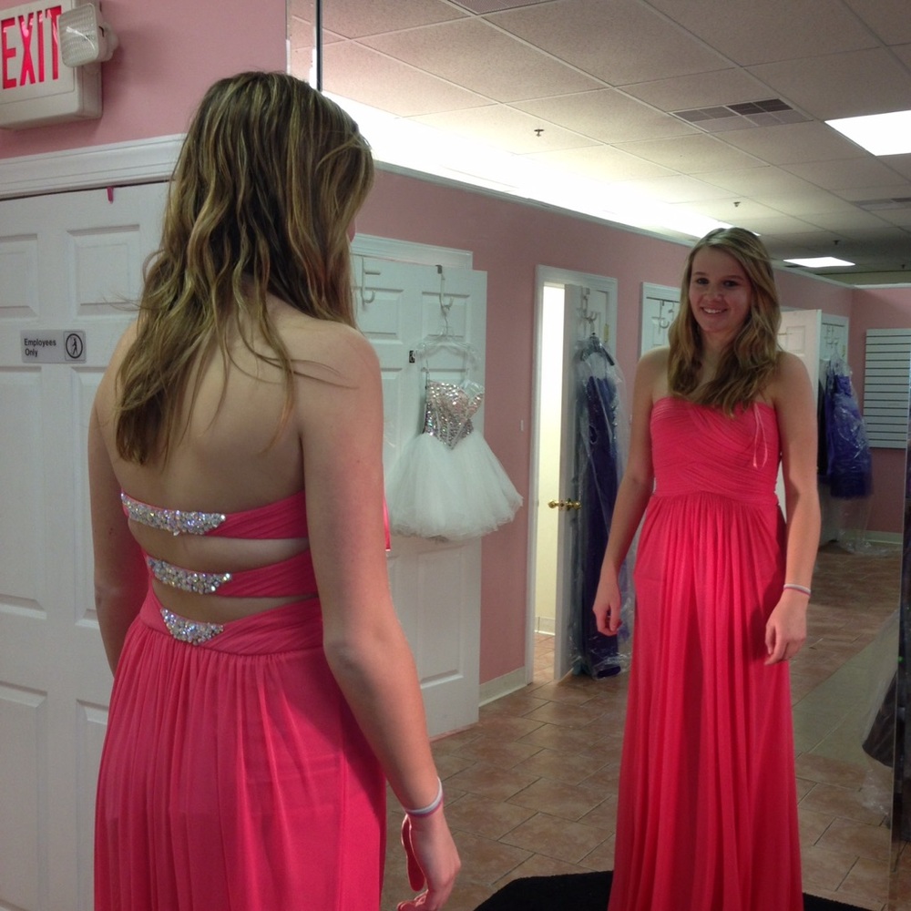 Coral Strapless Gown perfect for prom